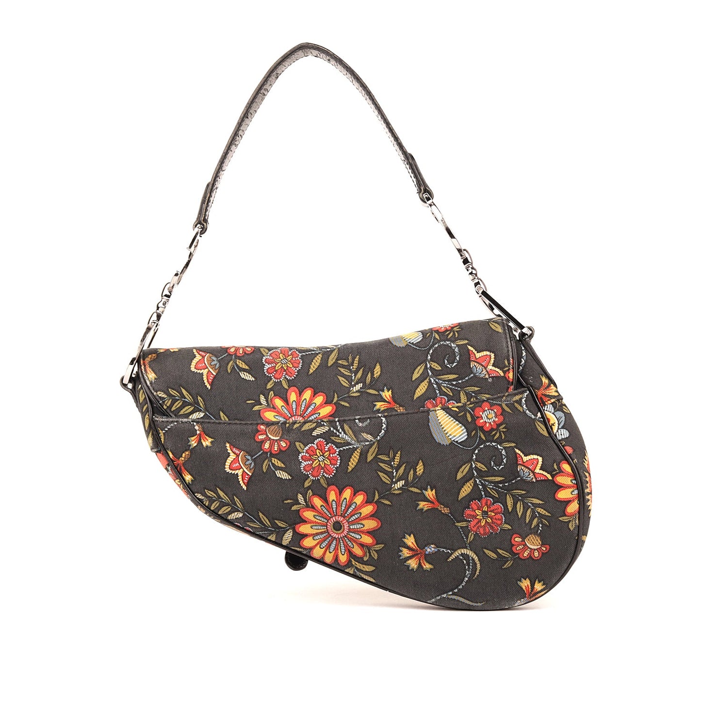 Christian Dior Black Canvas And Leather Vintage Floral Print Saddle Bag