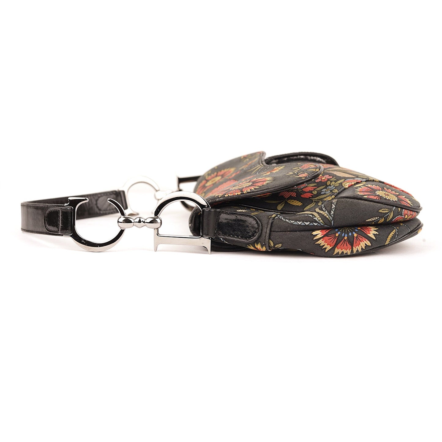 Christian Dior Black Canvas And Leather Vintage Floral Print Saddle Bag