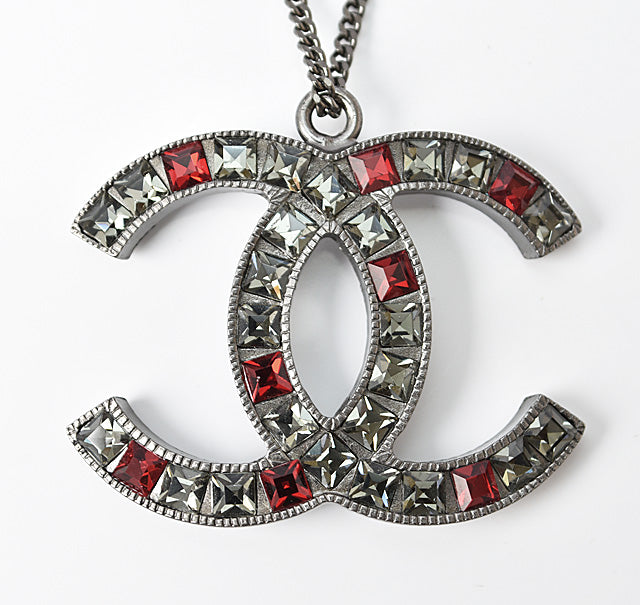 Chanel Necklace/Pendant, Metal, Rhinestone, Gunmetal/Red, W3.7√óH2.8cm, 42cm