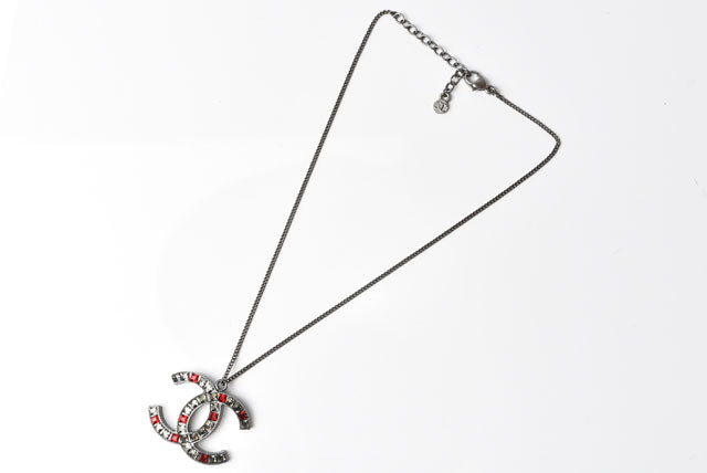 Chanel Necklace/Pendant, Metal, Rhinestone, Gunmetal/Red, W3.7√óH2.8cm, 42cm