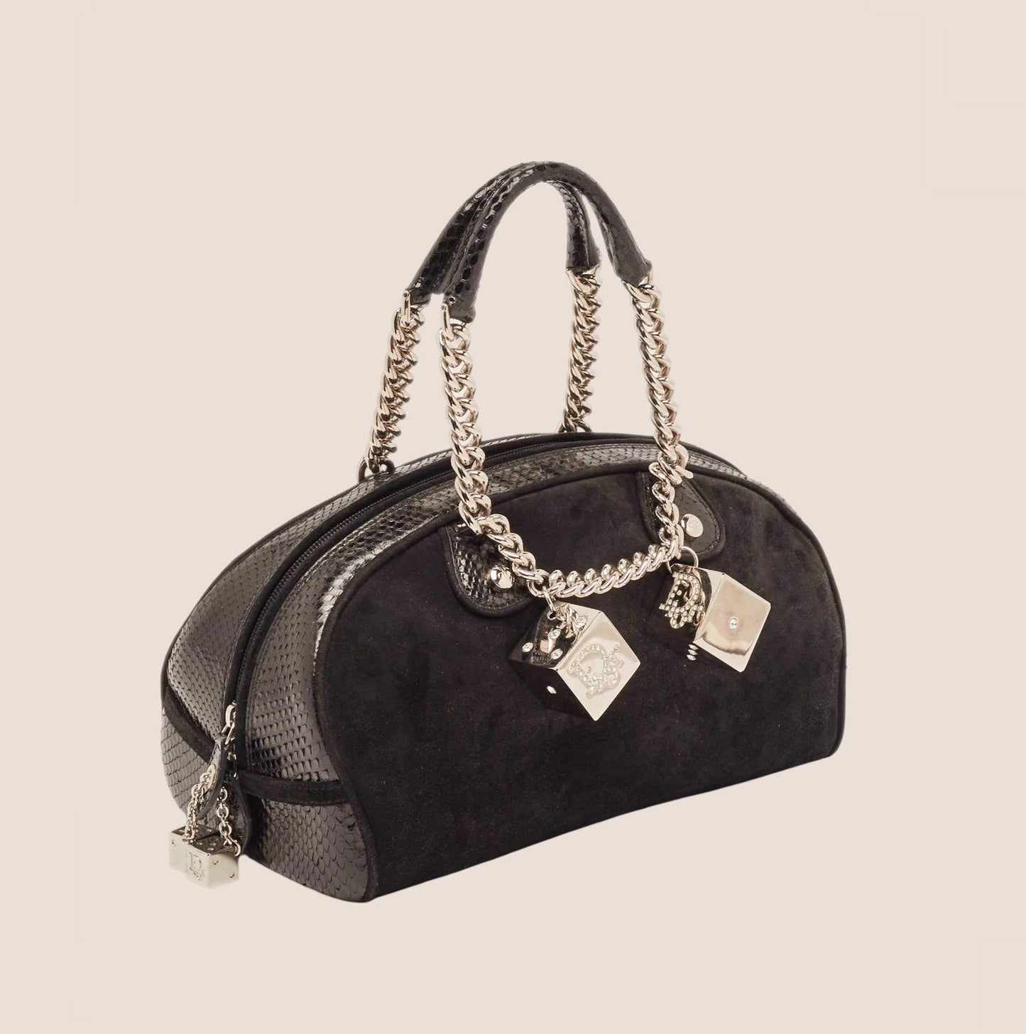 CHRISTIAN DIOR 2004 PYTHON TRIMMED BLACK SUEDE GAMBLER DICE BOWLER BAG