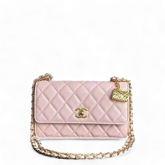 *Microchip* Chanel Caviar 23S - Wallet On Chain WOC Quilted Grained Calfskin Sakura Pink Golden Hardware