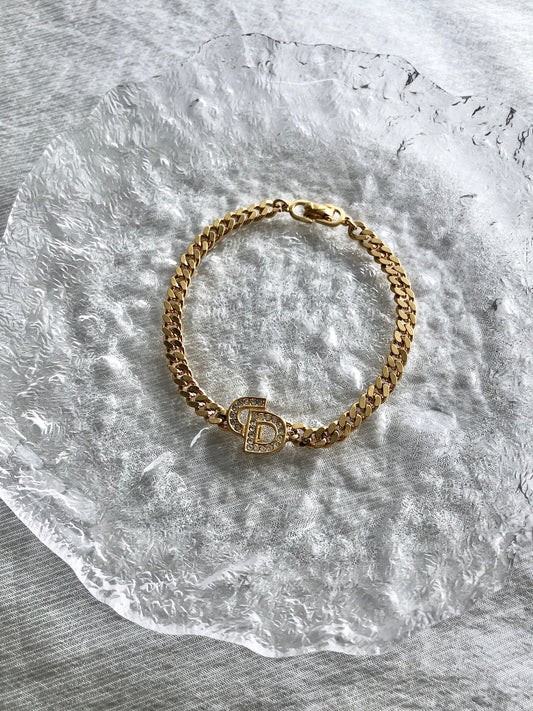 Christian Dior CD Logo Motif Rhinestone Bracelet Gold Vintage chgiwy