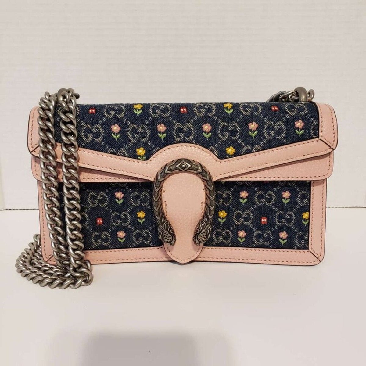 New Denim Floral Embroidered GG Monogram Dollar Calfskin Small Dionysus Bag