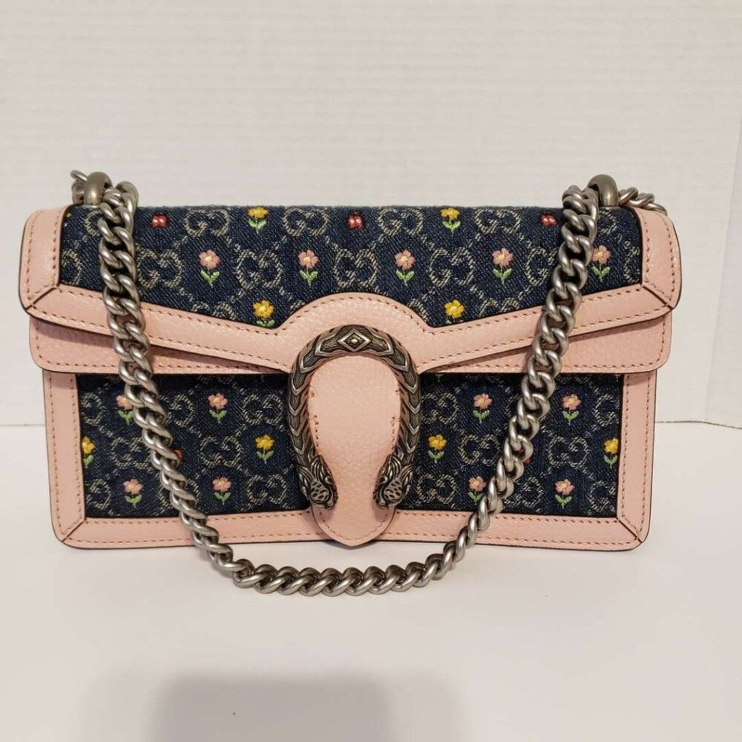 New Gucci Denim Floral Embroidered GG Monogram Dollar Calfskin Small Dionysus Bag