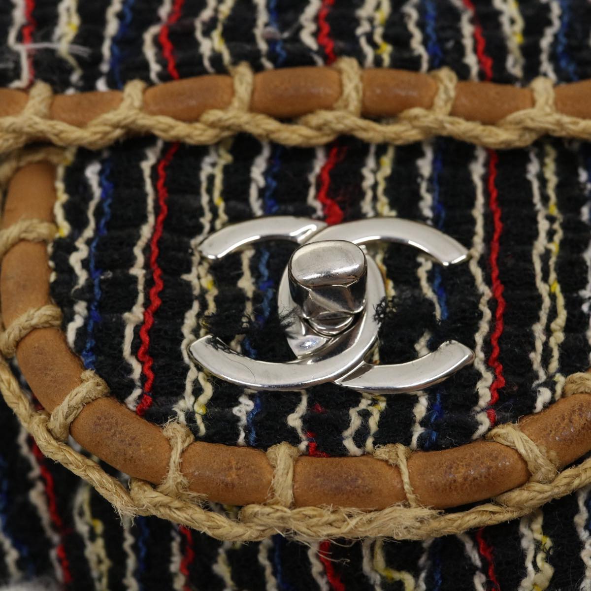 Top Quality Chanel Matelasse Tweed Turn Lock Chain Shoulder Bag Navy Brown CC Auth nh616A