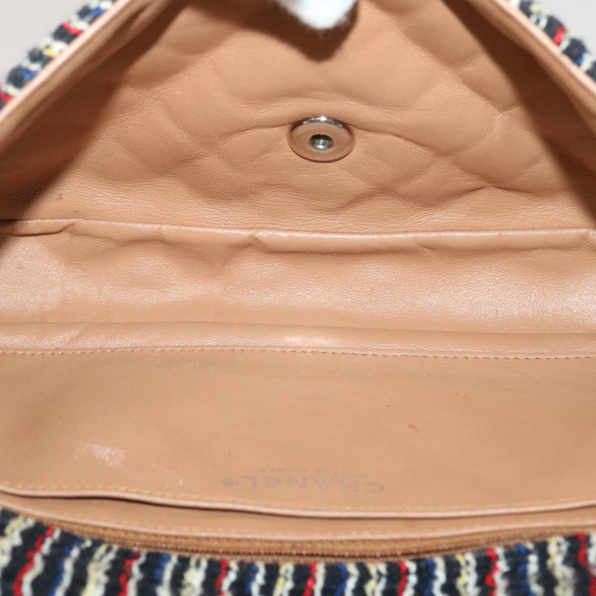 Top Quality Chanel Matelasse Tweed Turn Lock Chain Shoulder Bag Navy Brown CC Auth nh616A