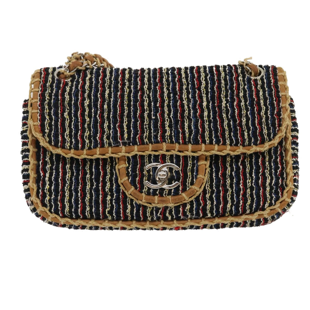 Top Quality Chanel Matelasse Tweed Turn Lock Chain Shoulder Bag Navy Brown CC Auth nh616A