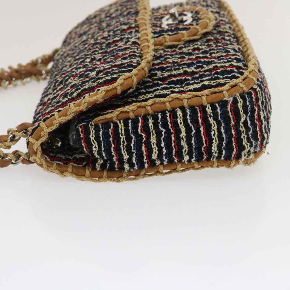 Top Quality Chanel Matelasse Tweed Turn Lock Chain Shoulder Bag Navy Brown CC Auth nh616A