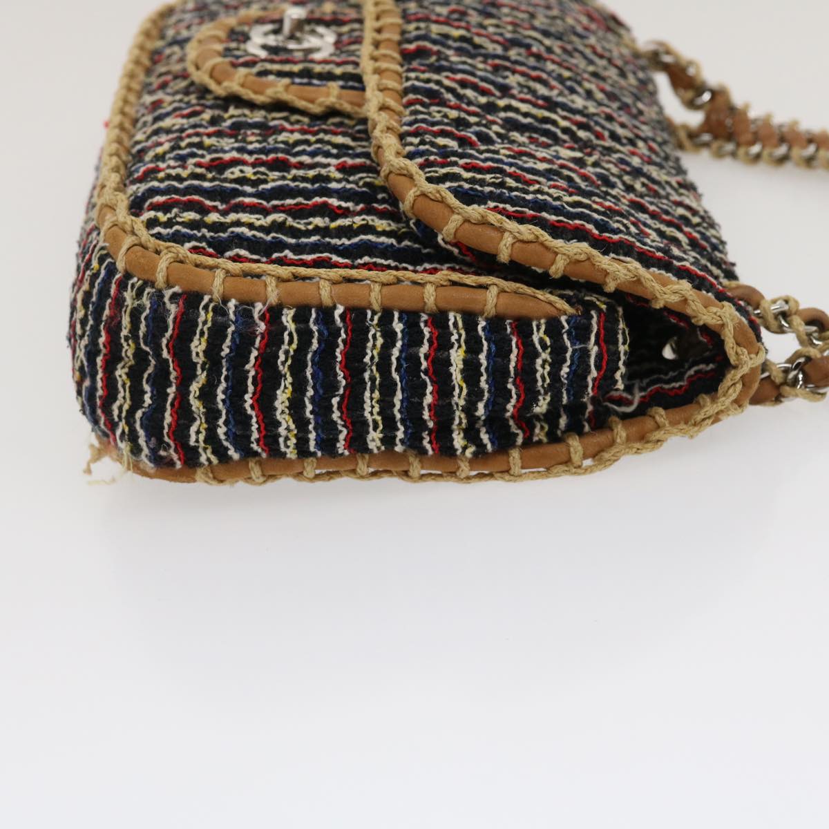 Top Quality Chanel Matelasse Tweed Turn Lock Chain Shoulder Bag Navy Brown CC Auth nh616A