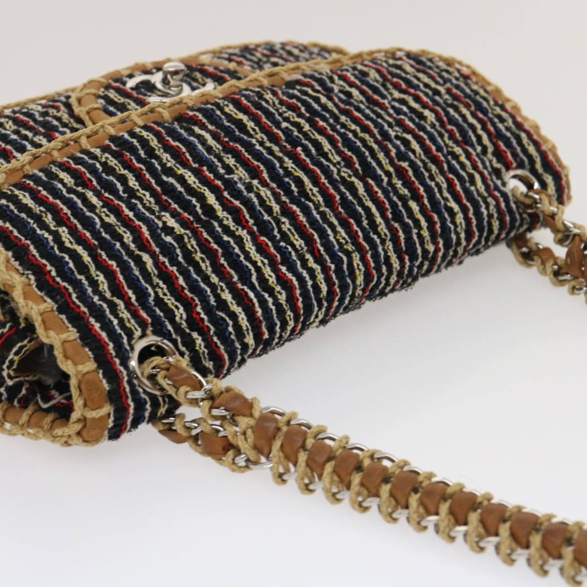 Top Quality Chanel Matelasse Tweed Turn Lock Chain Shoulder Bag Navy Brown CC Auth nh616A