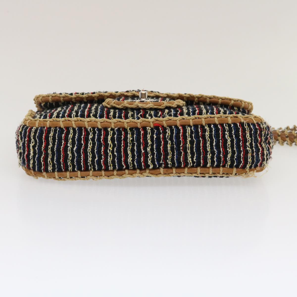 Top Quality Chanel Matelasse Tweed Turn Lock Chain Shoulder Bag Navy Brown CC Auth nh616A
