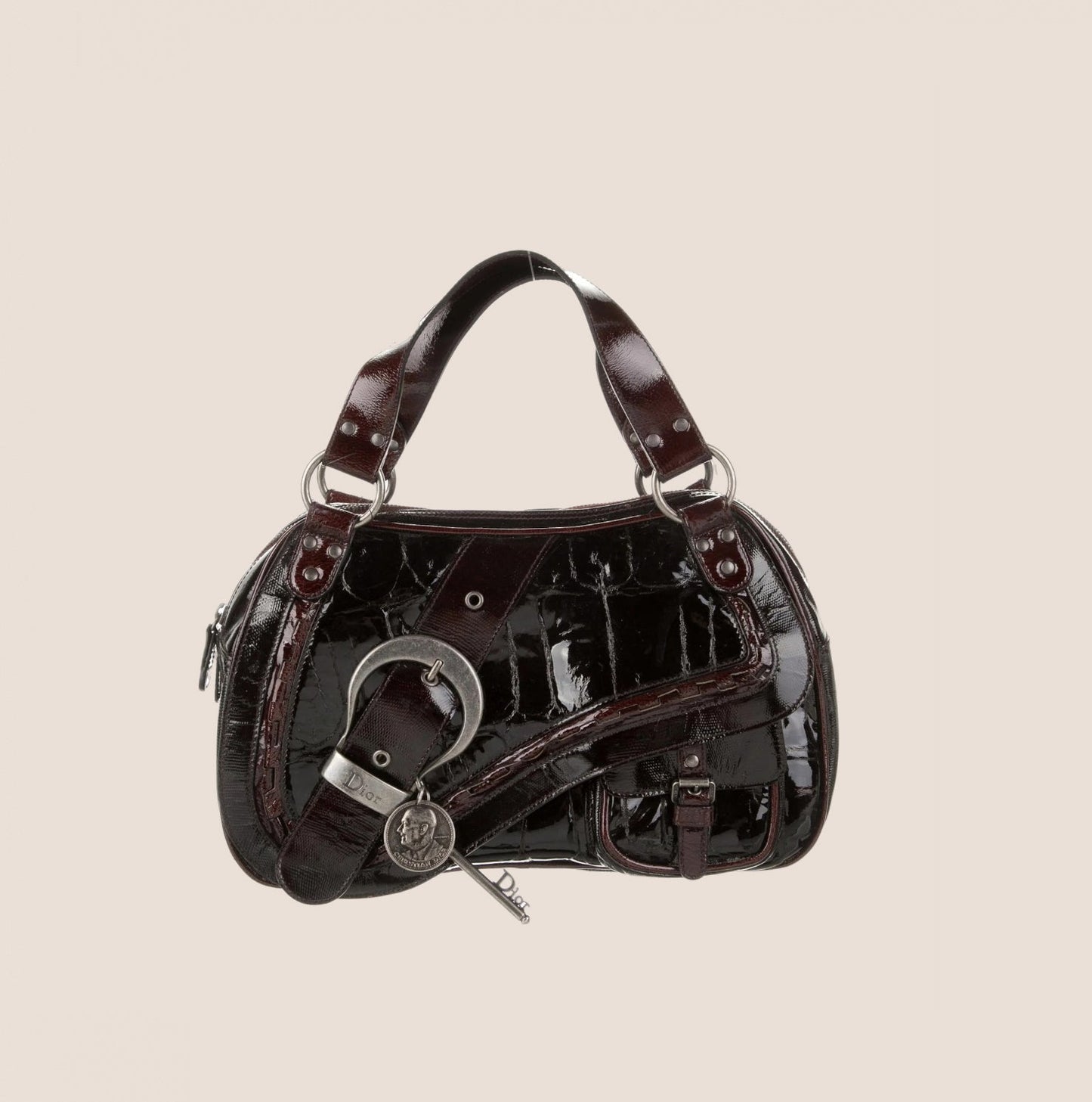 CHRISTIAN DIOR CROC EMBOSSED BLACK LEATHER PATENT GAUCHO HANDBAG