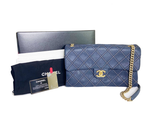 CHANEL Navy Stitching Rectangle Crossbody Bag with Mirror