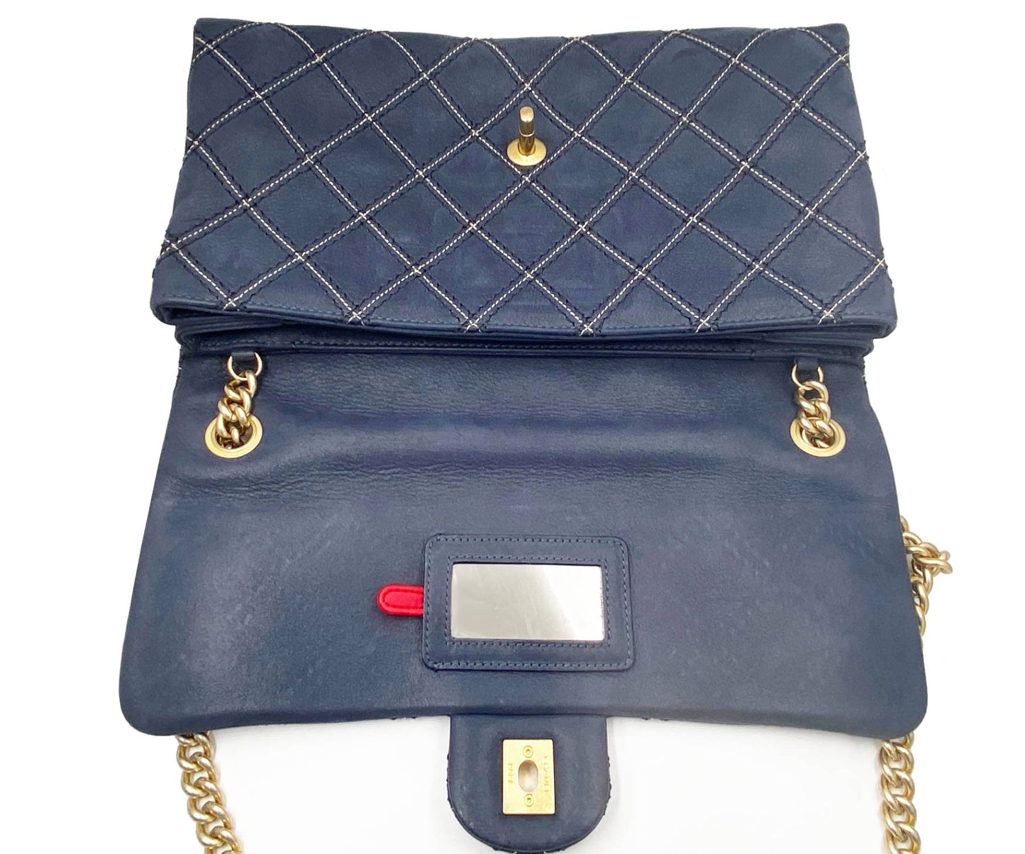 CHANEL Navy Stitching Rectangle Crossbody Bag with Mirror