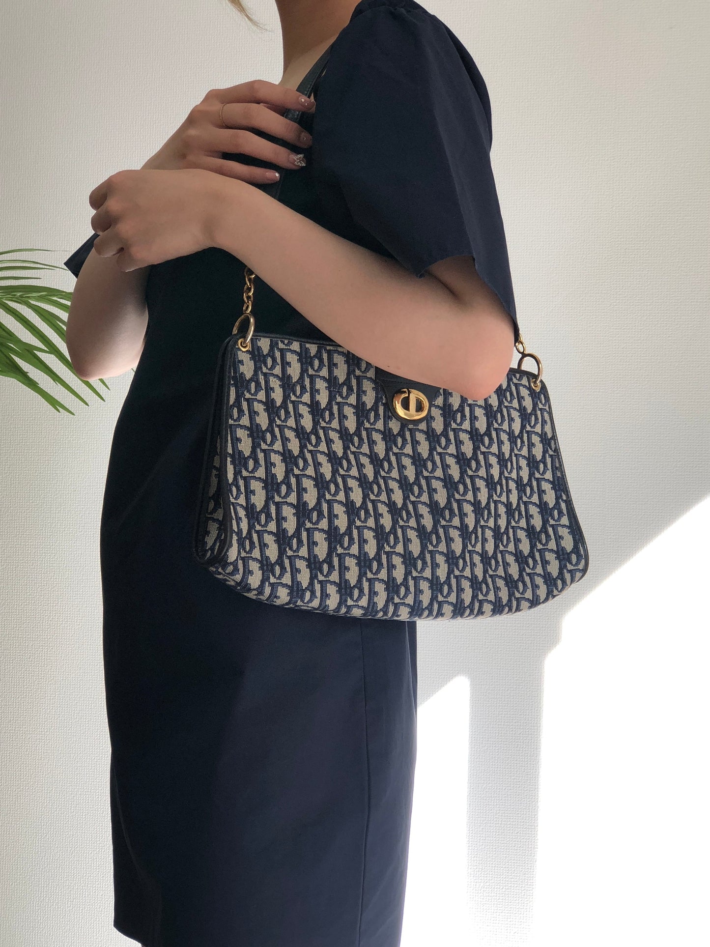 Christian Dior  Trotter CD Logo Jacquard Leather Shoulder bag Navy Vintage 5f4tcg