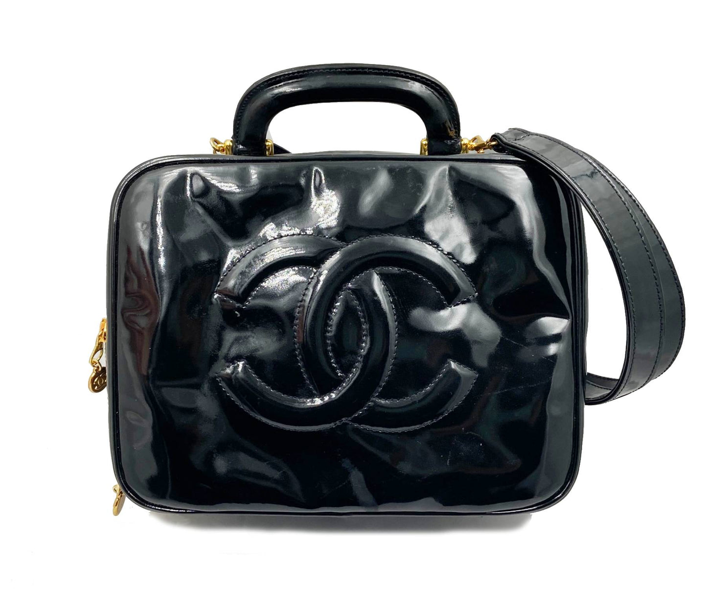 CHANEL Vintage Black Patent Leather Vanity Case Shoulder Bag