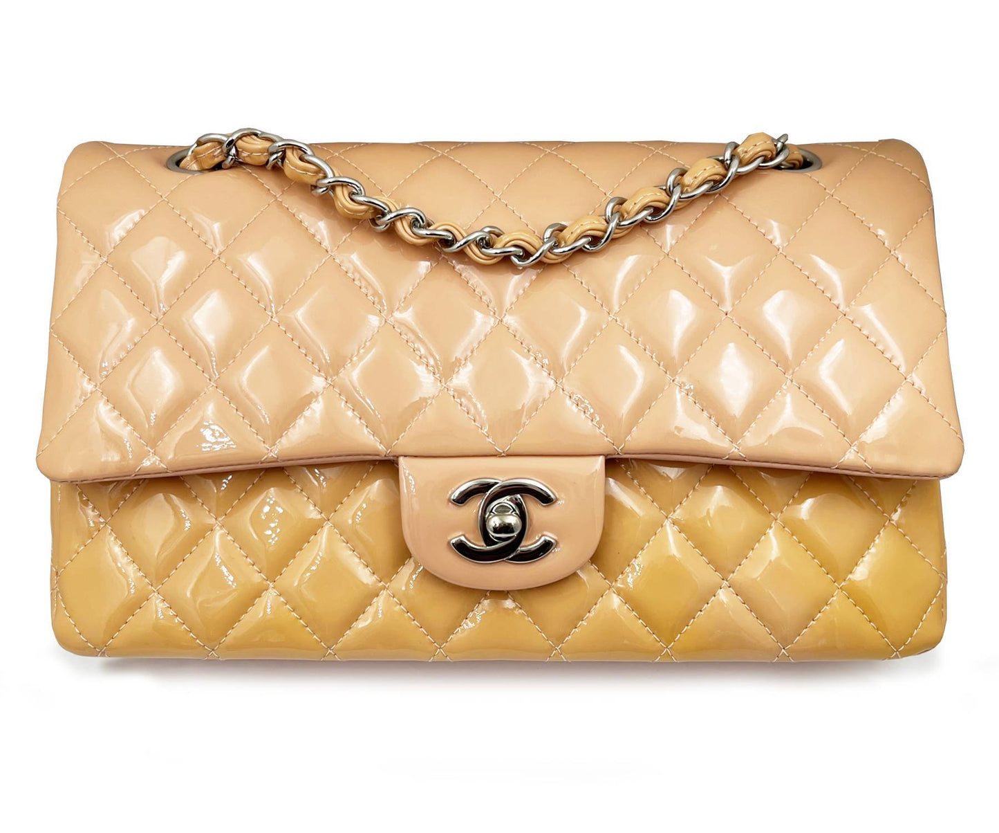 CHANEL Peach Pink Timeless Double Flap Patent Leather 10" Shoulder Bag