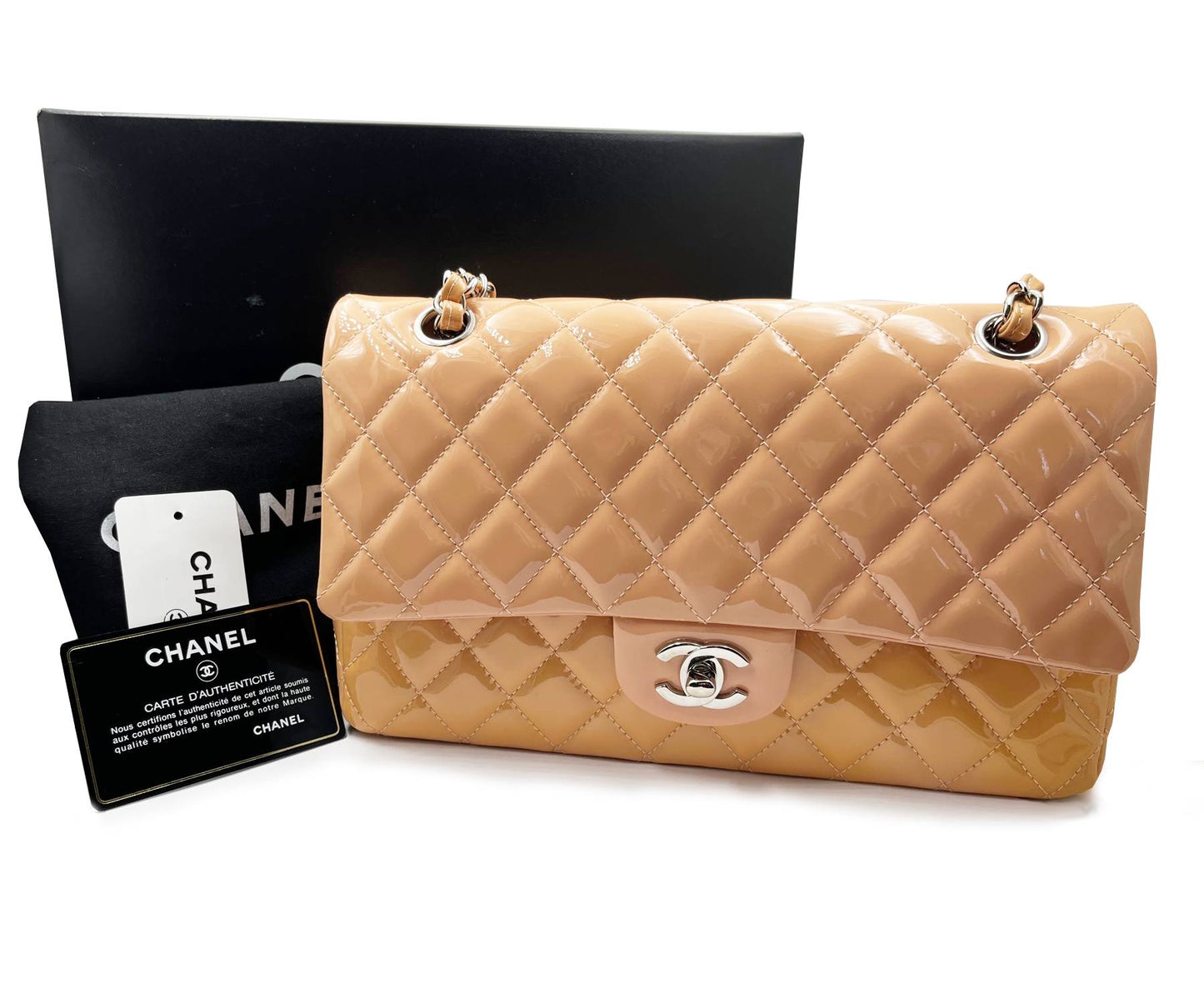 CHANEL Peach Pink Timeless Double Flap Patent Leather 10" Shoulder Bag