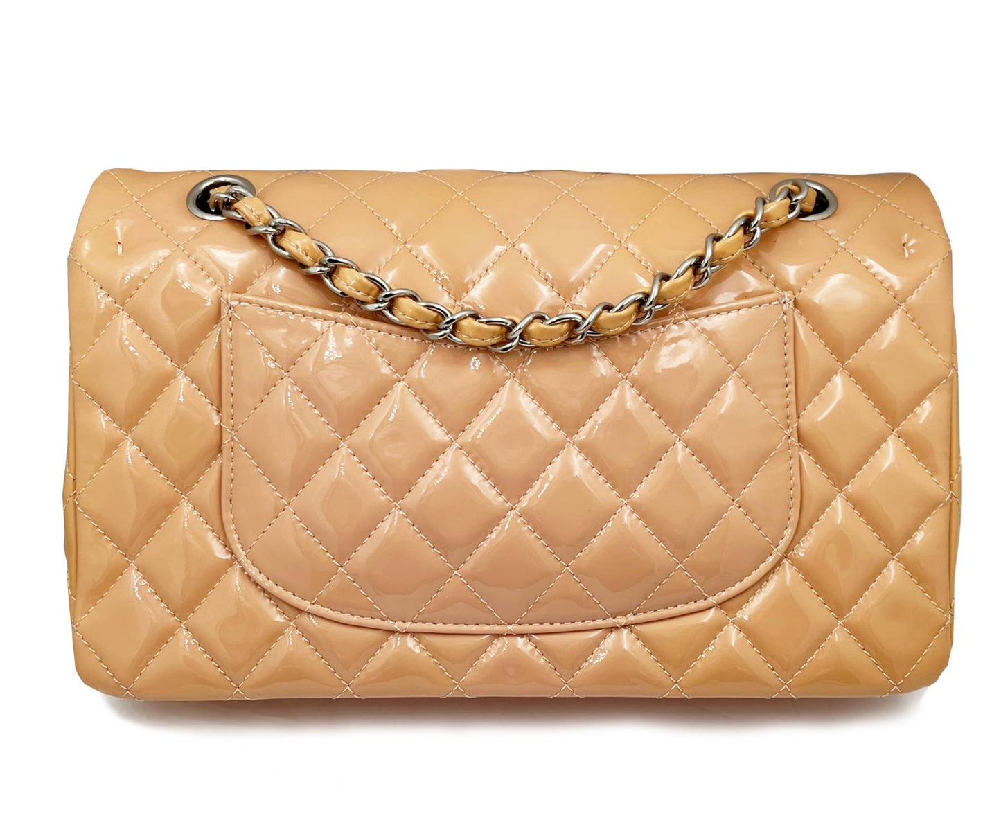 CHANEL Peach Pink Timeless Double Flap Patent Leather 10" Shoulder Bag