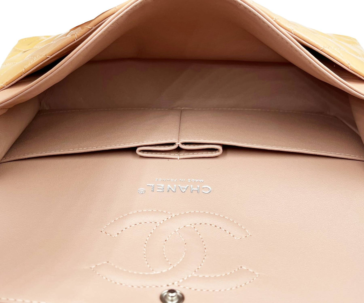 CHANEL Peach Pink Timeless Double Flap Patent Leather 10" Shoulder Bag