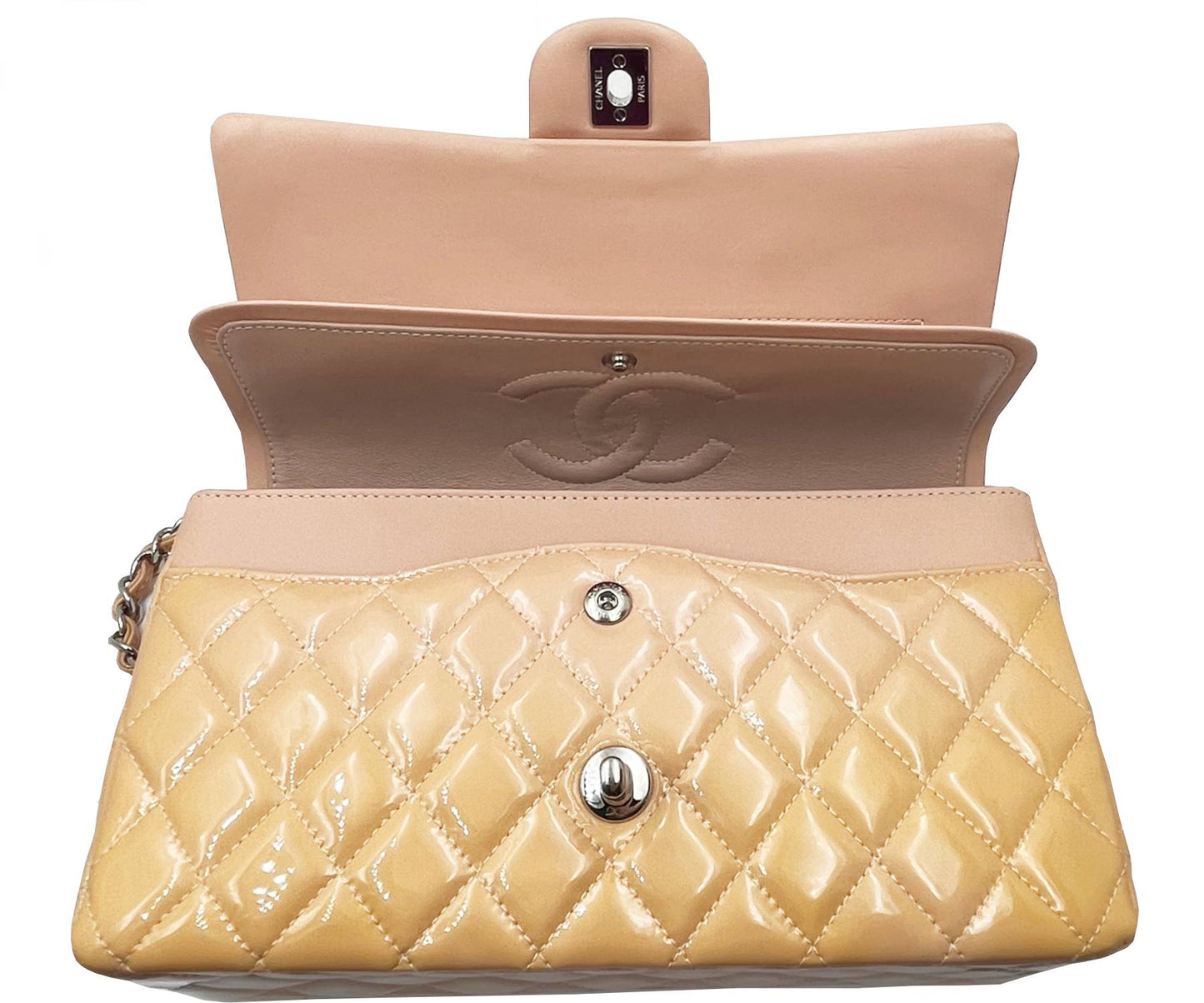 CHANEL Peach Pink Timeless Double Flap Patent Leather 10" Shoulder Bag