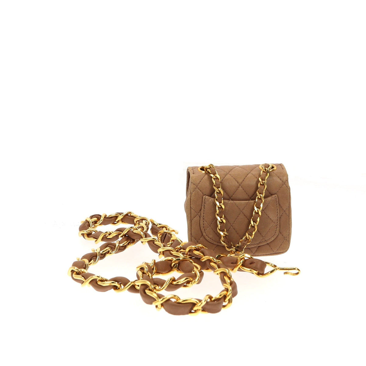 CHANEL golden Chain Belt with little bag in brown leather