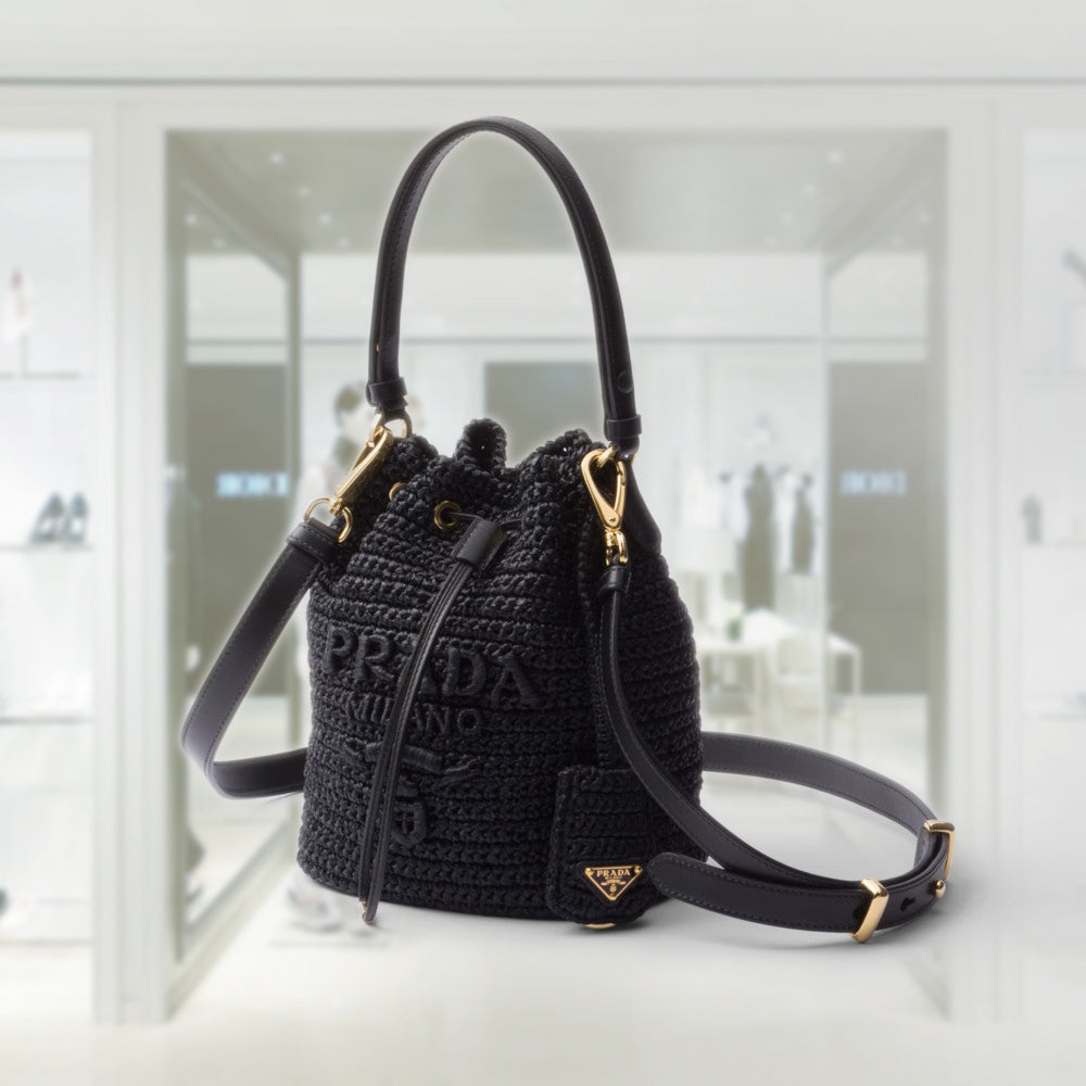 Crochet and leather mini-bucket bag