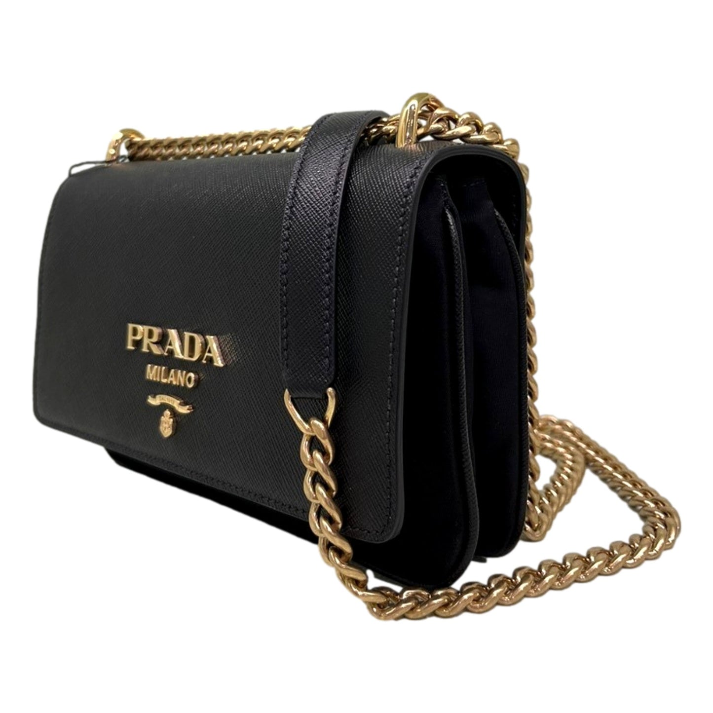 Prada Pattina Black Leather and Nylon Flap Crossbody Bag