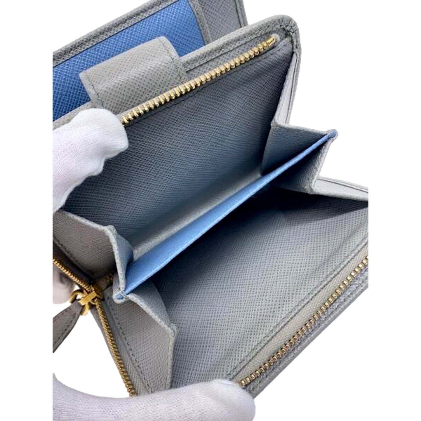 Prada Small Saffiano Leather Wallet Grey and Blue