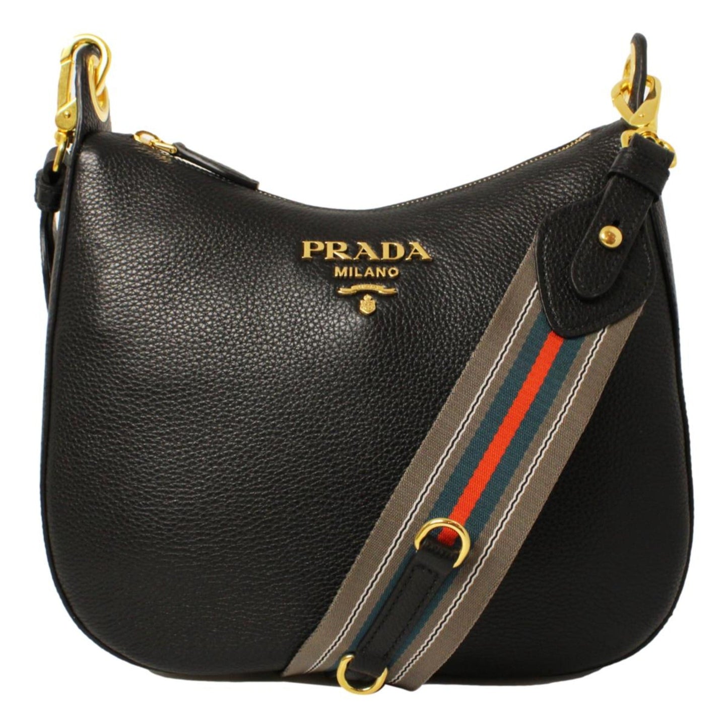 Prada Black Vitello Phenix Leather Web Stripe Strap Crossbody