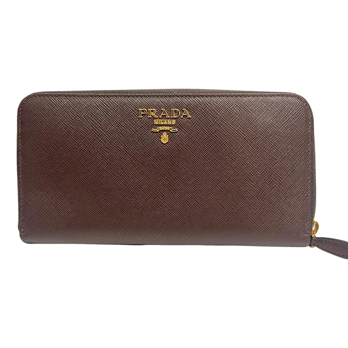Prada Bruciato Brown Saffiano Leather Zip Around Continental Wallet