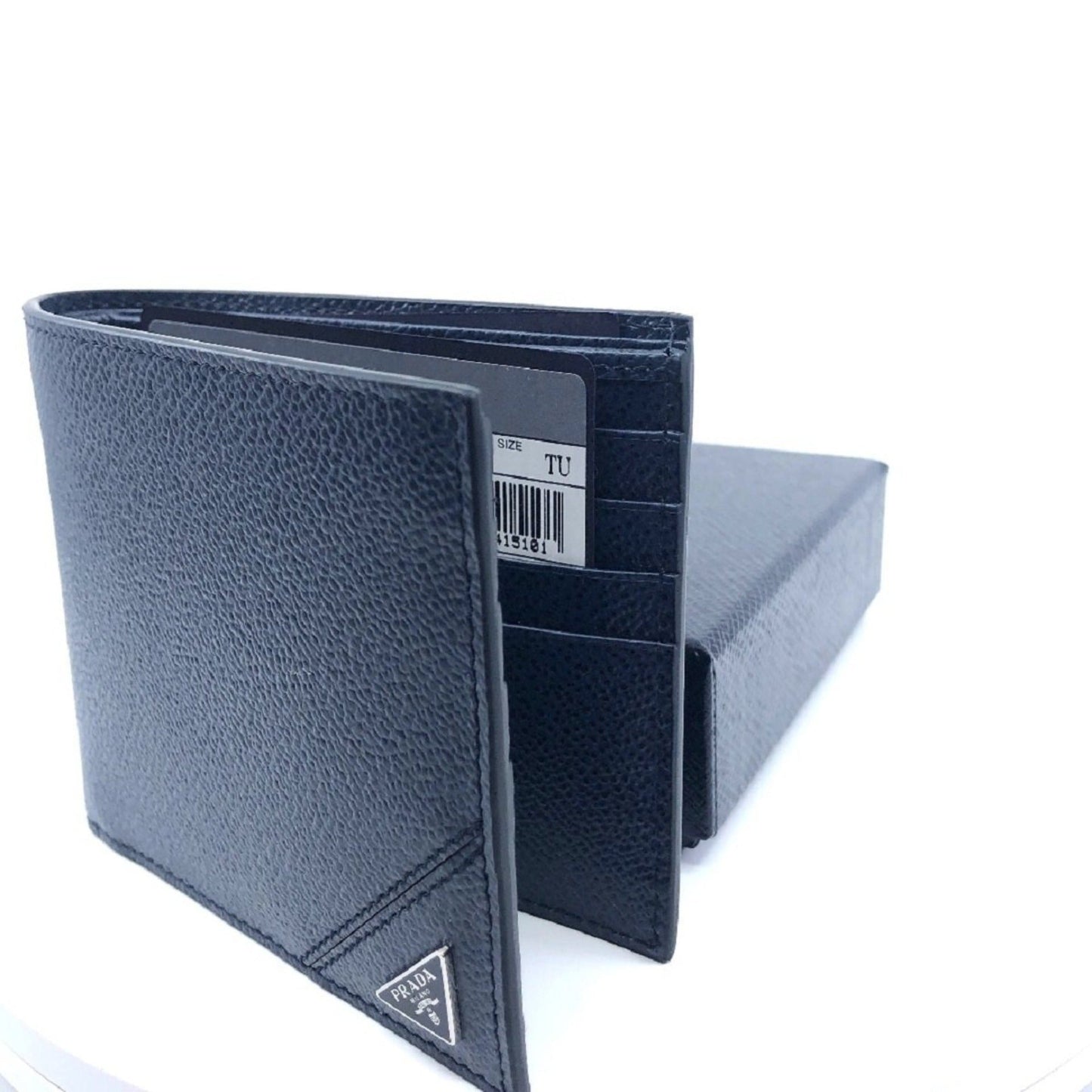 Prada Vitello Micro Grain Navy Blue Leather Triangle Logo Bifold Wallet