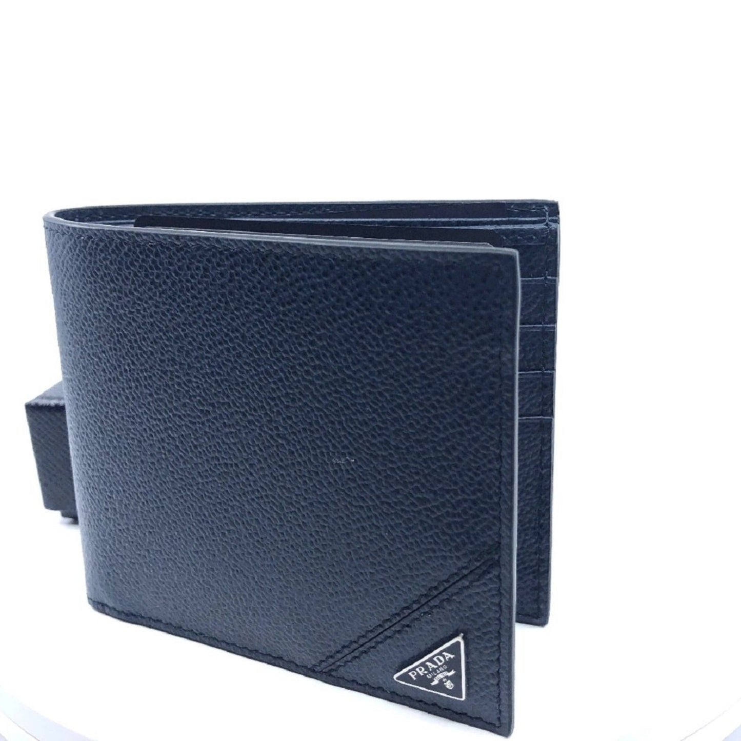 Prada Vitello Micro Grain Navy Blue Leather Triangle Logo Bifold Wallet