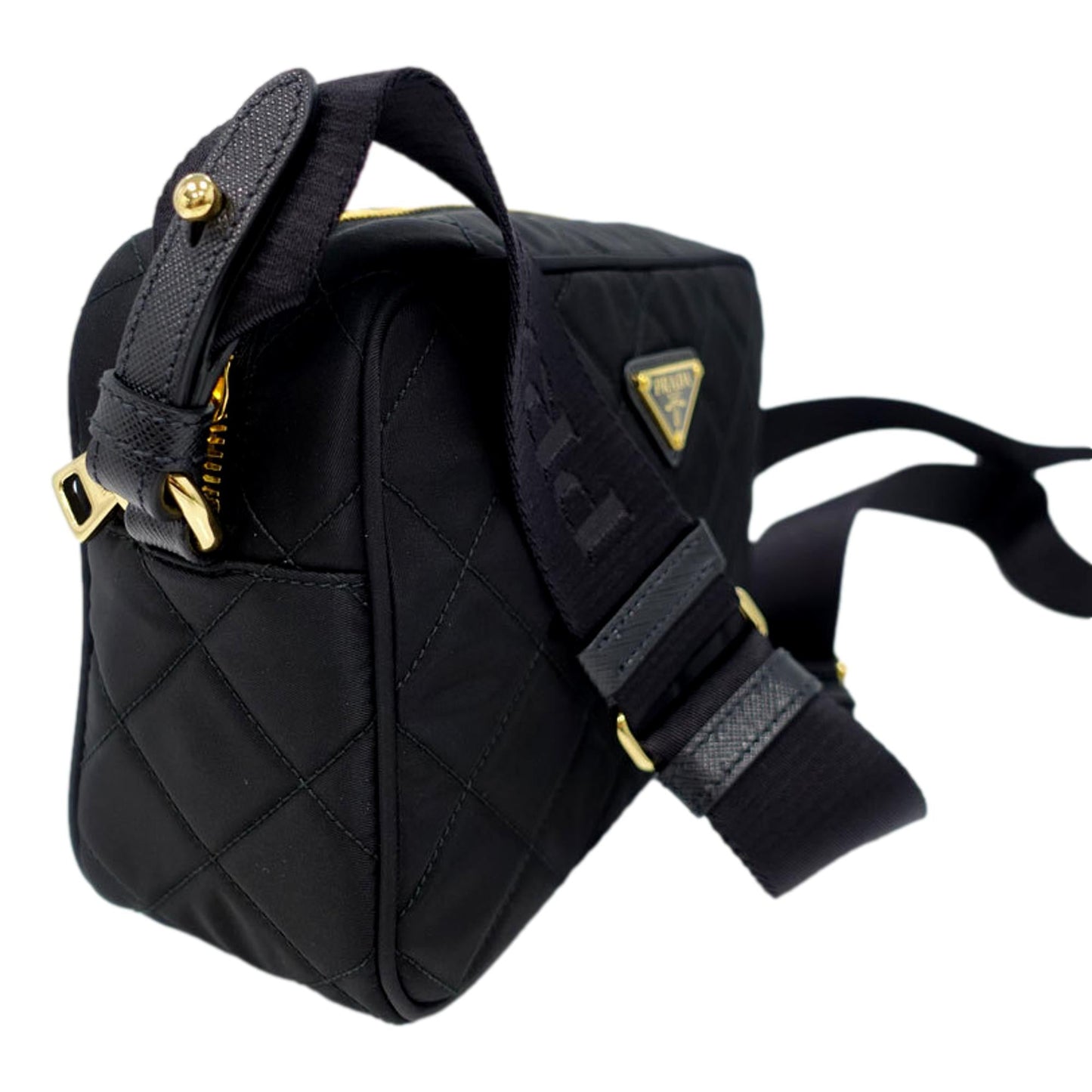 Prada Tessuto Black Quilted Nylon Triangle Logo Camera Crossbody Bag