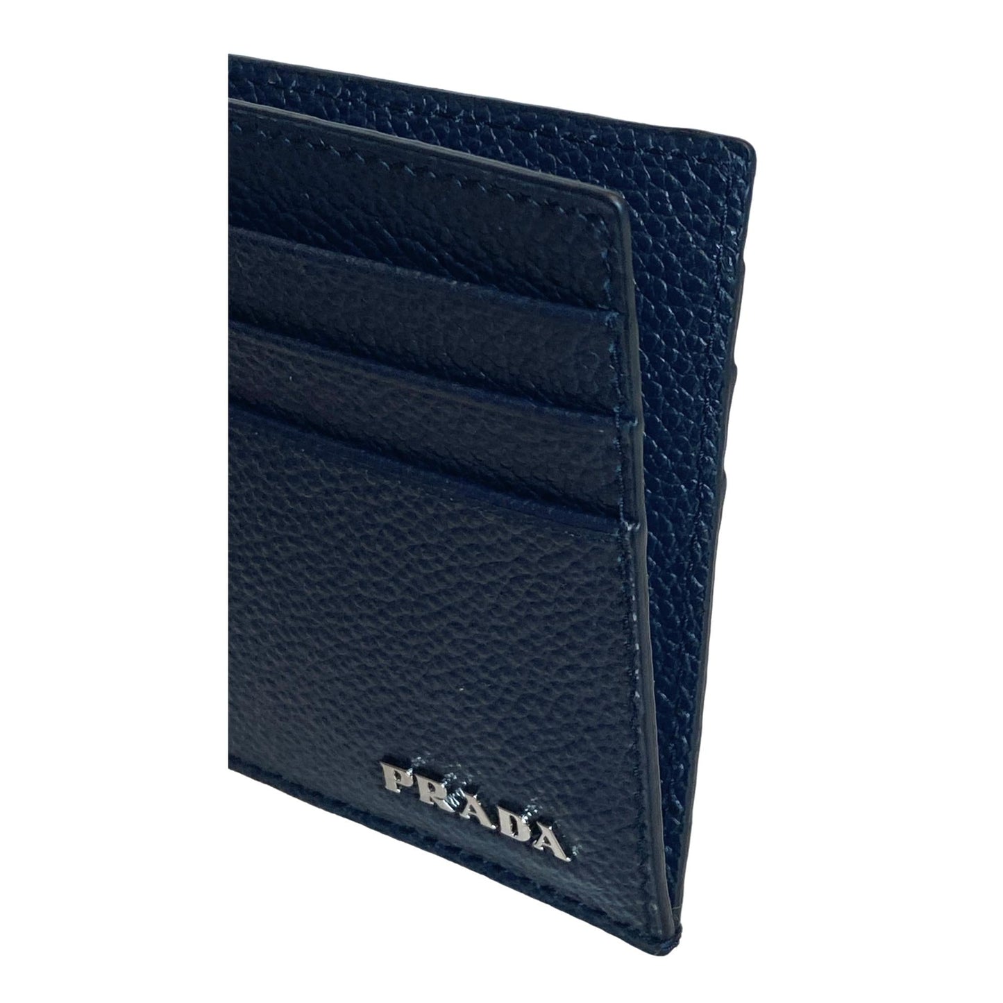 Prada Vitello Micro Grain Leather Baltico Blue Card Holder Wallet