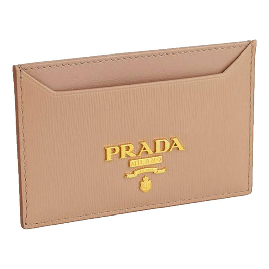 Prada Vitello Move Cipria Beige Leather Logo Plaque Card Holder Wallet