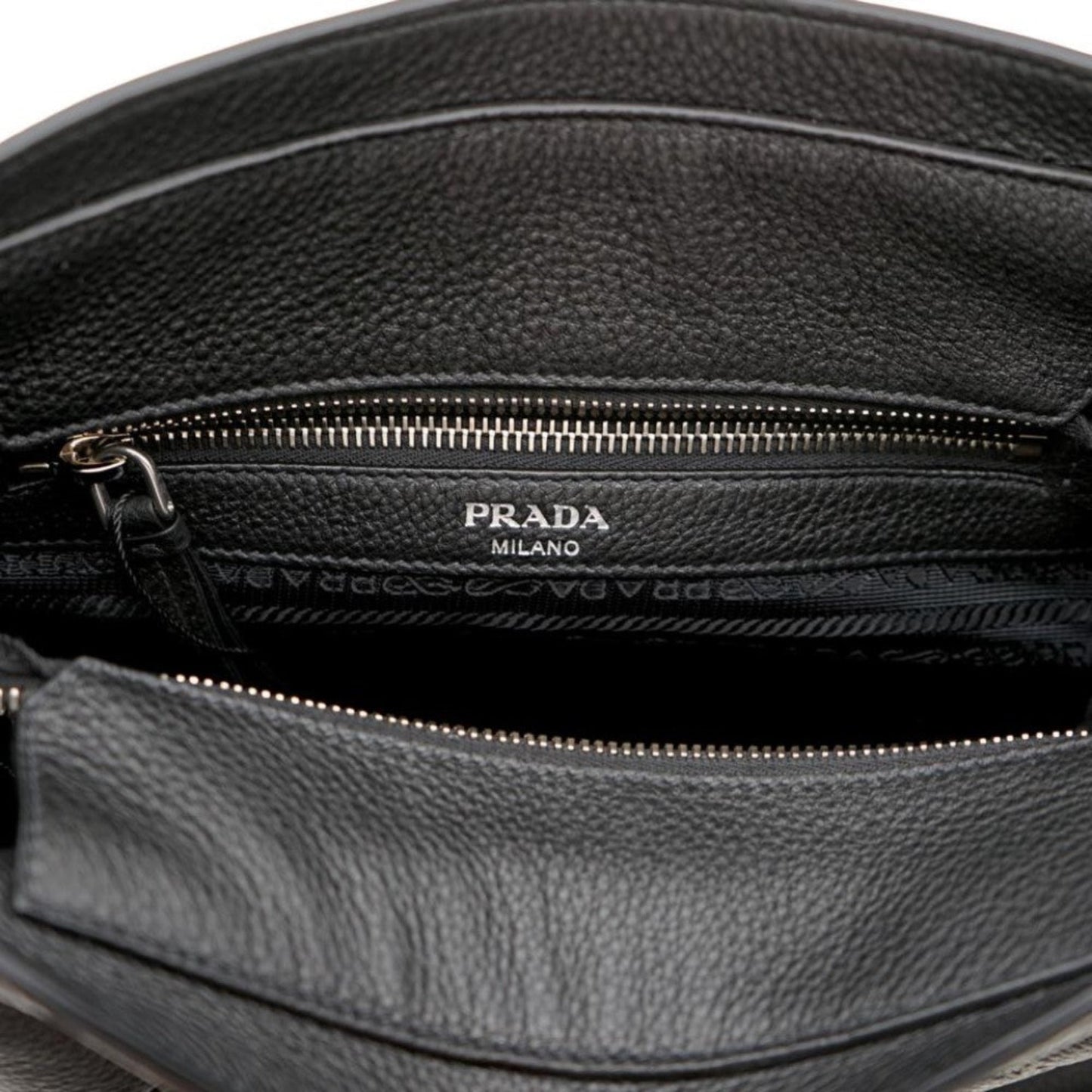 Prada Vitello Phenix Black Leather Web Strap Crossbody Bucket Bag