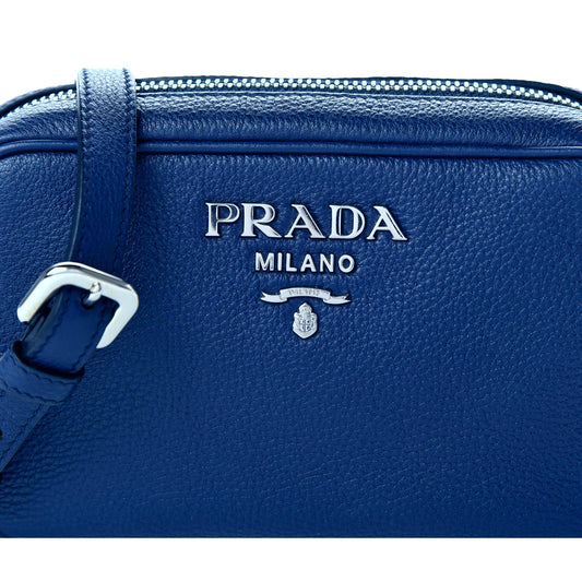 Prada Vitello Phenix Blue Leather Silver Logo Small Camera Crossbody Bag