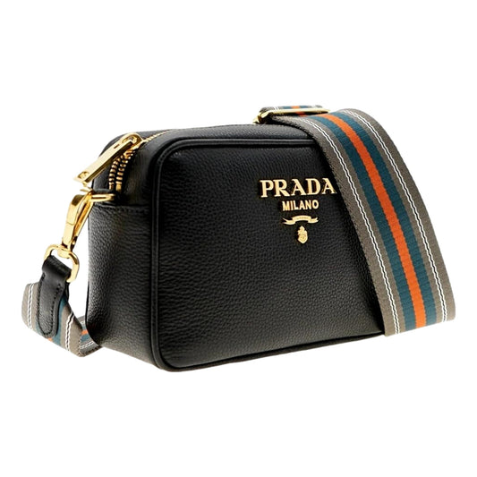 Prada Milano Black Leather Crossbody Bag Web Stripe Strap