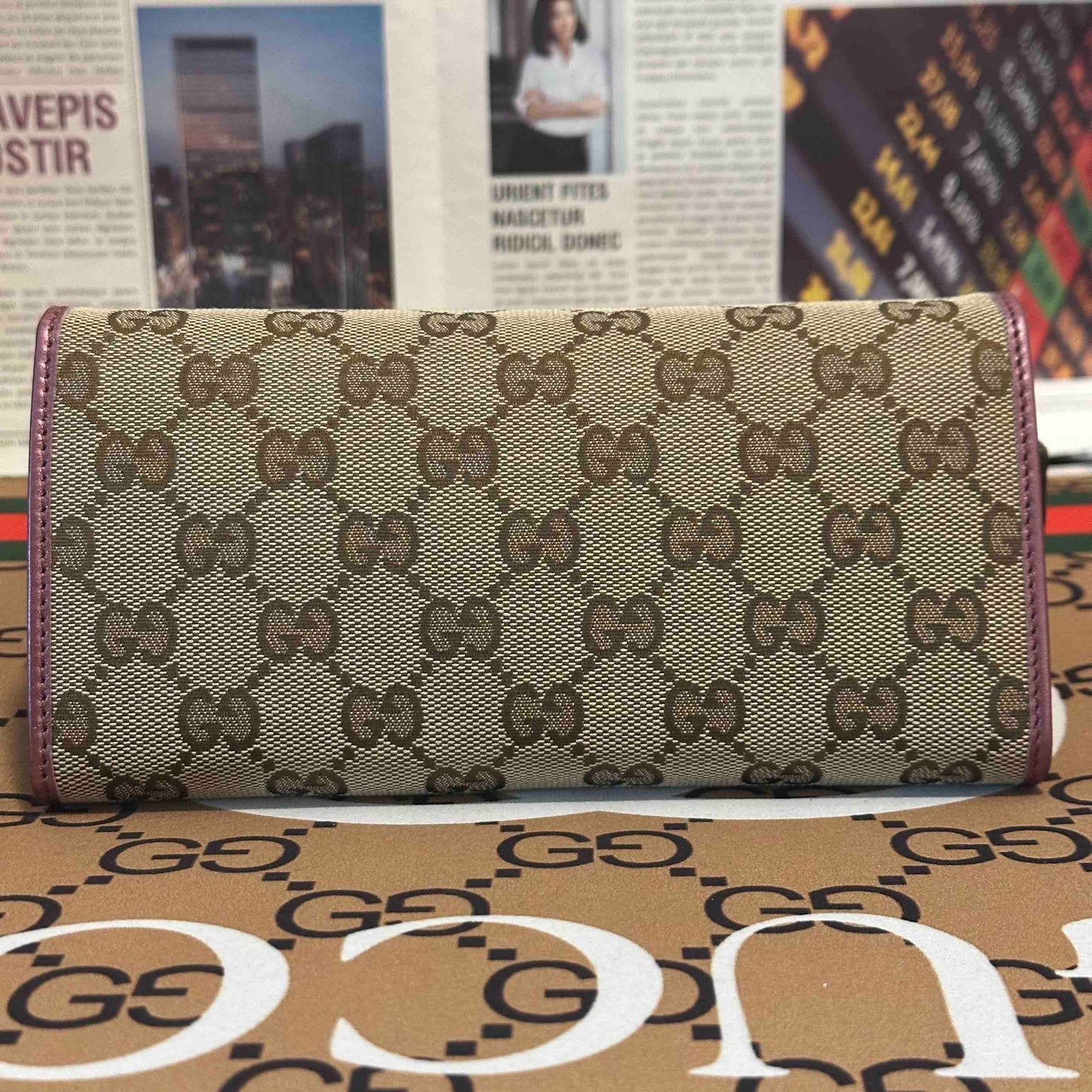 Gucci GG Monogram Beige Canvas Wallet with Pink Accents