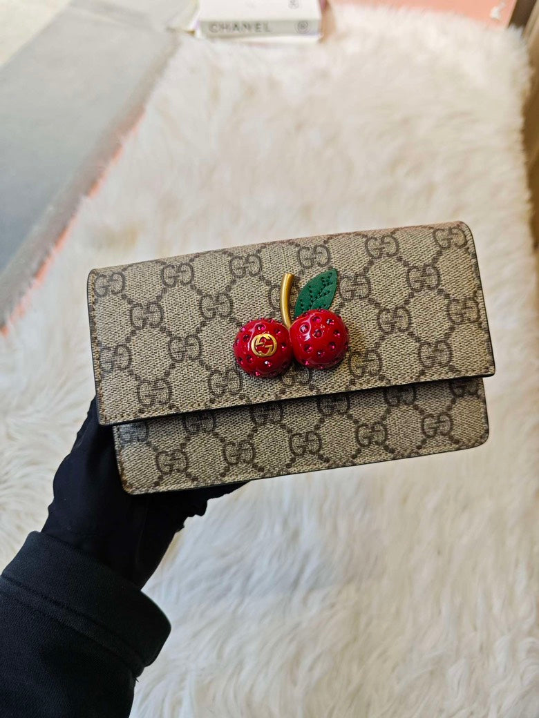 Gucci Cherry GG Supreme Beige Canvas Wallet on Chain
