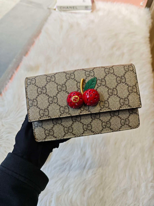 Gucci Cherry GG Supreme Beige Canvas Wallet on Chain