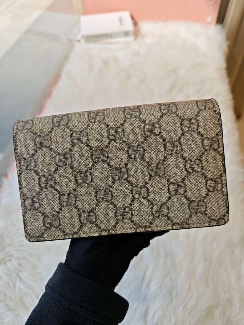 Gucci Cherry GG Supreme Beige Canvas Wallet on Chain