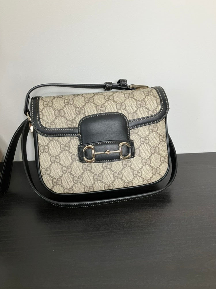 Gucci GG Canvas Horsebit  Shoulder Bag Beige/Black