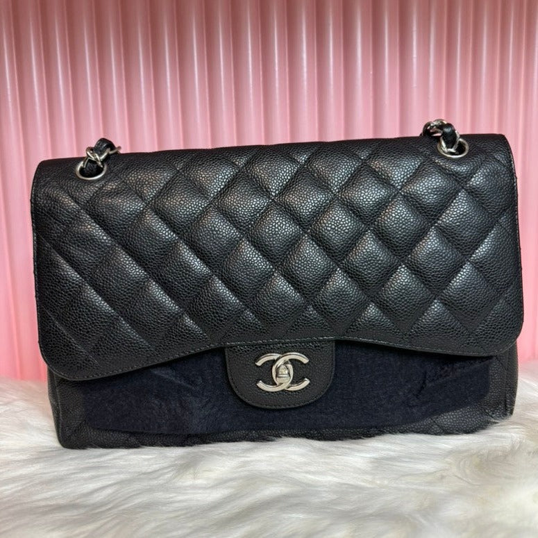 Chanel Classic Flap Cf Jumbo Caviar Leather W/ Silver Hardware