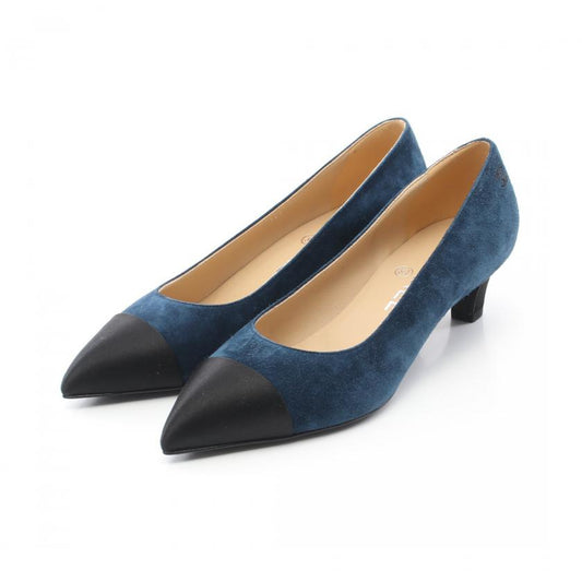 Chanel Coco Mark Signature Pointed Toe Pumps Suede Satin Dark Blue Black 890152 Condition S