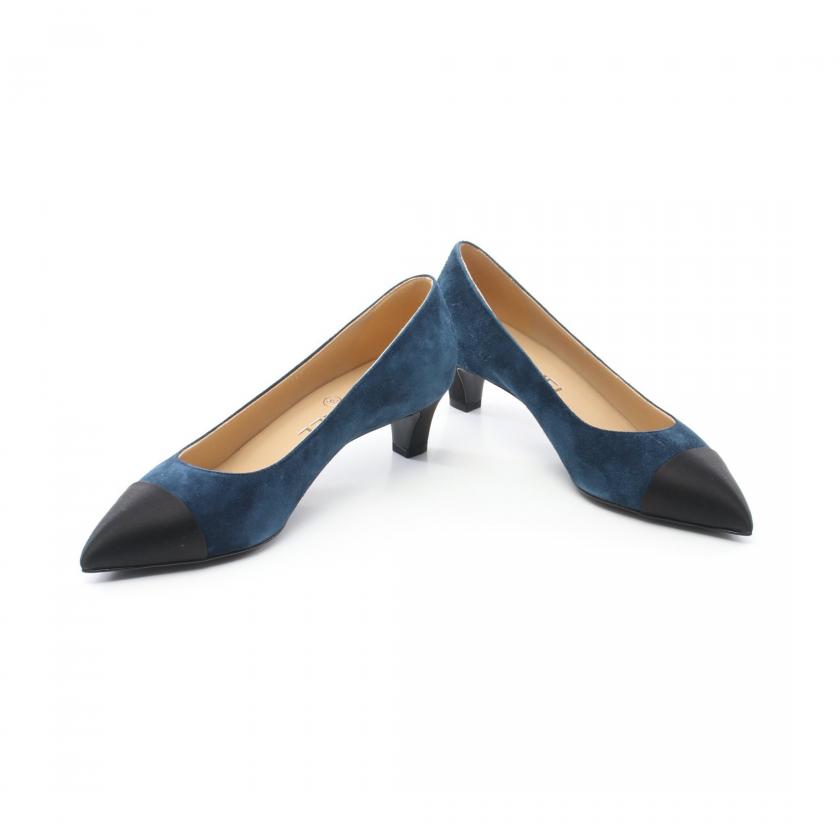 Chanel Coco Mark Signature Pointed Toe Pumps Suede Satin Dark Blue Black 890152 Condition S