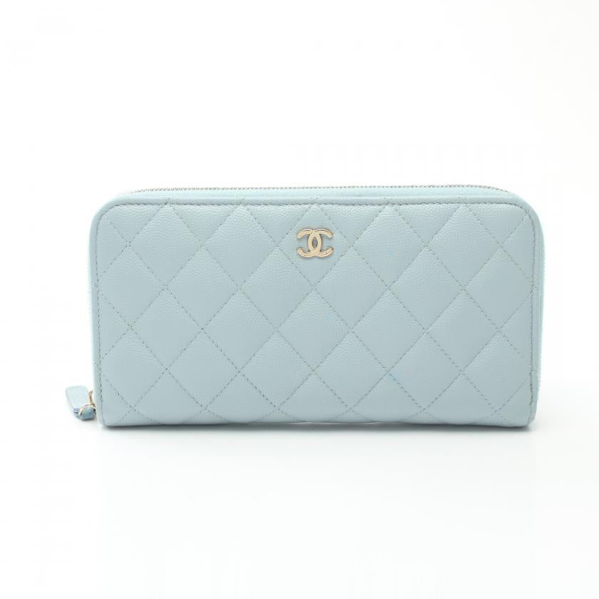 Chanel Matelasse Round Zipper Long Wallet Caviar Skin Light Blue Gold Hardware 892527 - Condition B