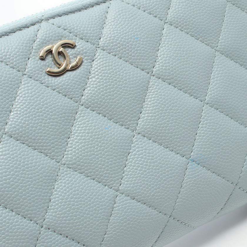 Chanel Matelasse Round Zipper Long Wallet Caviar Skin Light Blue Gold Hardware 892527 - Condition B